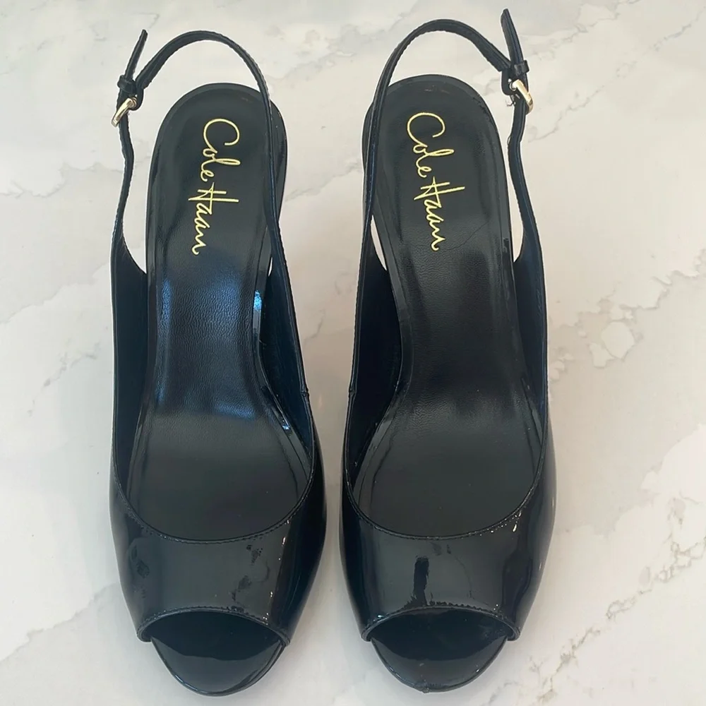 Cole Haan Air Talia Black Patent Leather Open Toe Slingback Heel Size 7C… - Picture 5 of 13